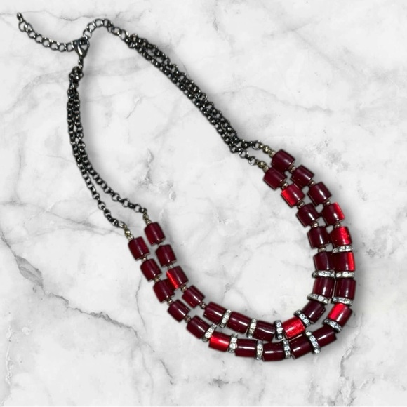 💎✅Vintage Red Beaded and Crystal Double-Strand Necklace - Picture 4 of 11